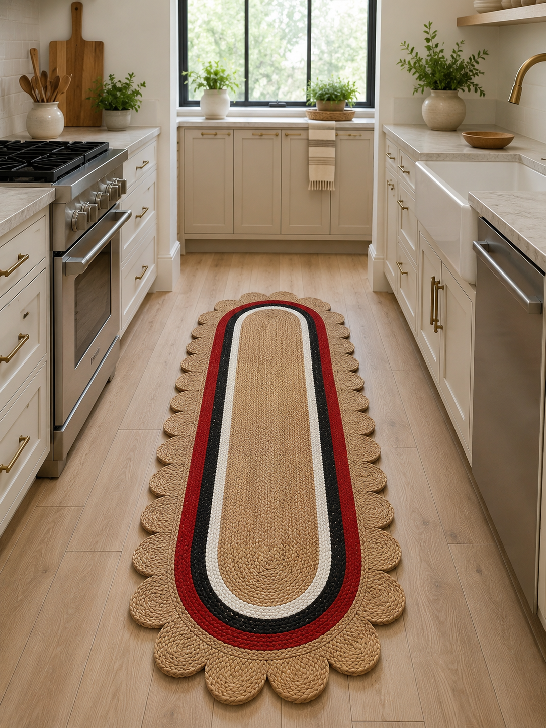 Oval Handwoven Jute Area Rug Natural Farmhouse Boho Rug for Living Room, Bedroom & Entryway Rustic Indoor Floor Scallop Carpet (Red.Black.White Border)