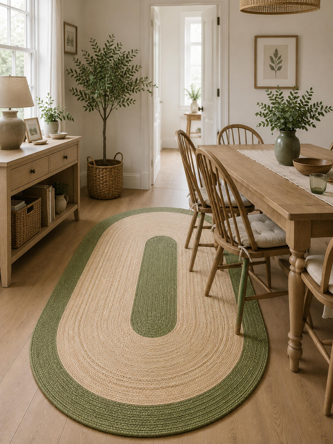 Natural Farmhouse Boho Oval Handwoven Jute Area Rug for Living Room, Bedroom & Entryway Rustic Indoor Floor Carpet (Green Border)