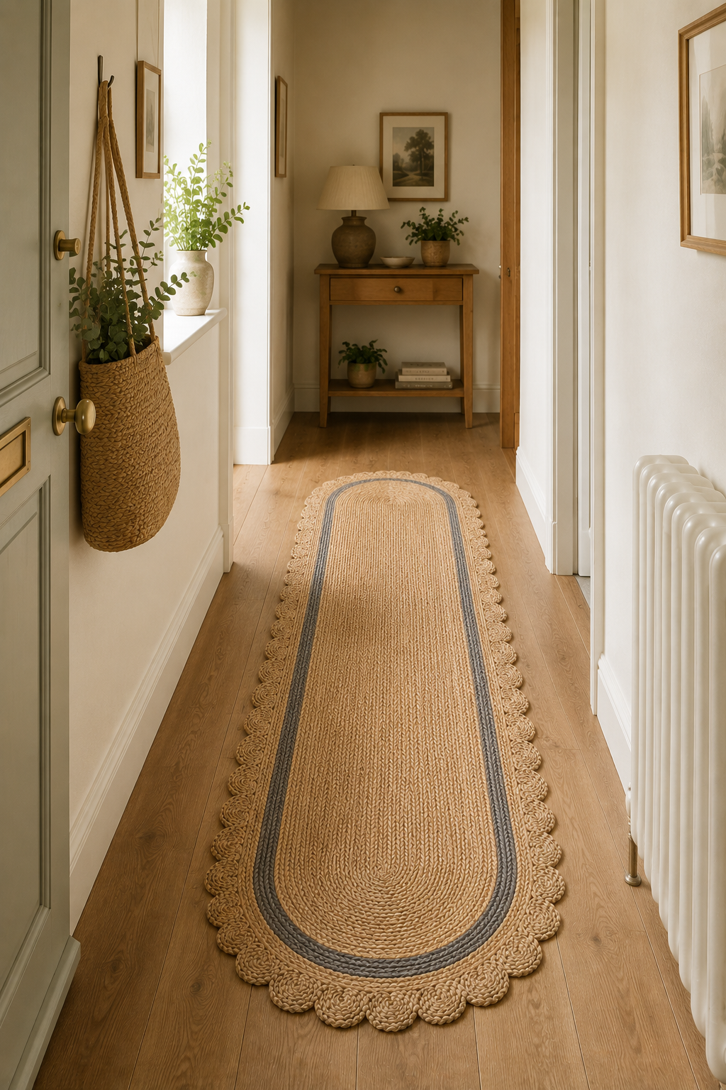 Oval Handwoven Jute Area Rug Natural Farmhouse Boho Rug for Living Room, Bedroom & Entryway Rustic Indoor Floor Scallop Carpet (Grey Border)