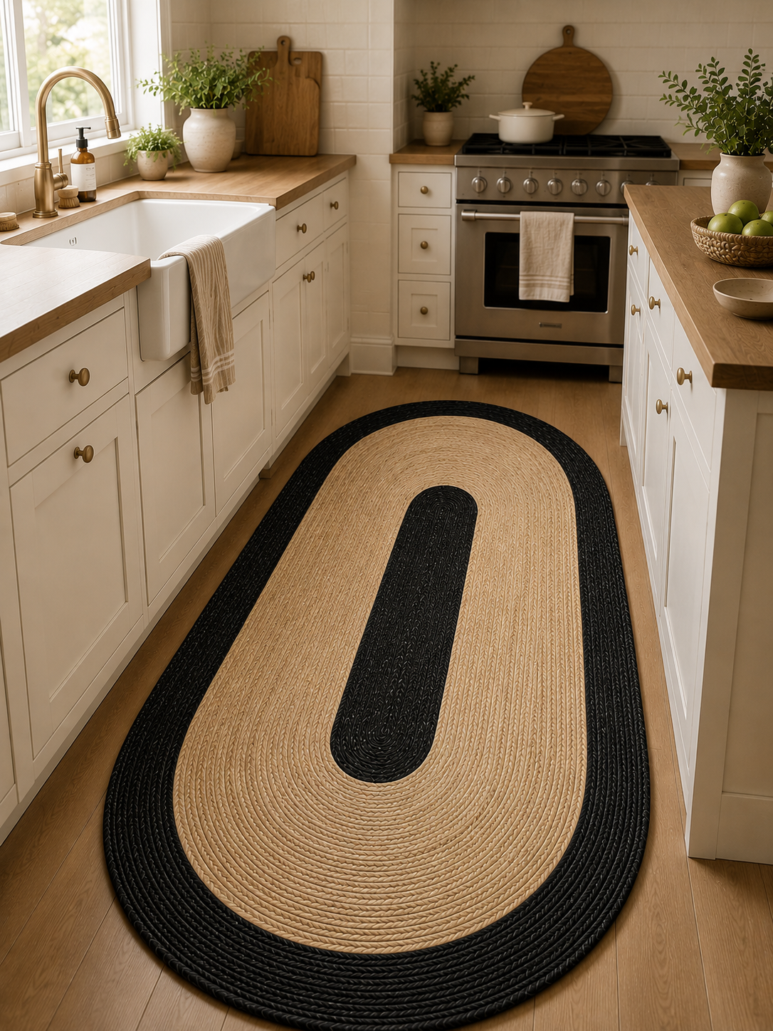 Natural Farmhouse Boho Oval Handwoven Jute Area Rug for Living Room, Bedroom & Entryway Rustic Indoor Floor Carpet (Black Border)