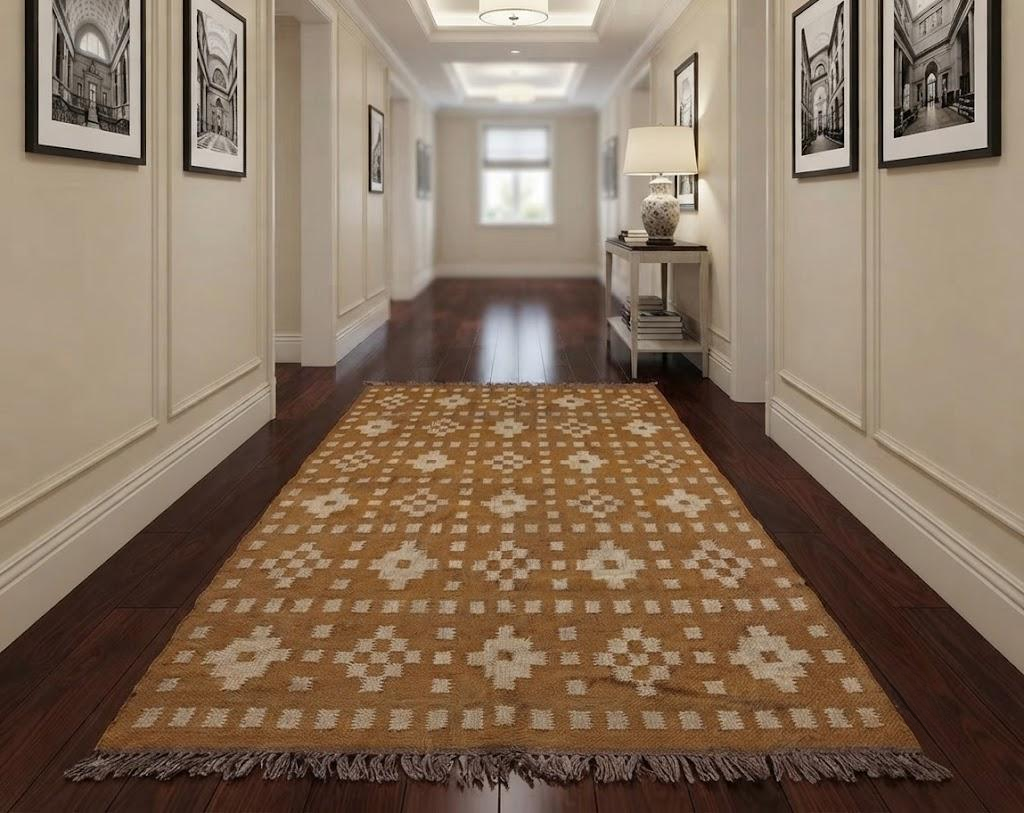 Rectangle Handmade Wool Jute Kilim Rug – Bohemian Carpet, Natural Fiber Traditional Flatweave Rug for Living Room & Bedroom