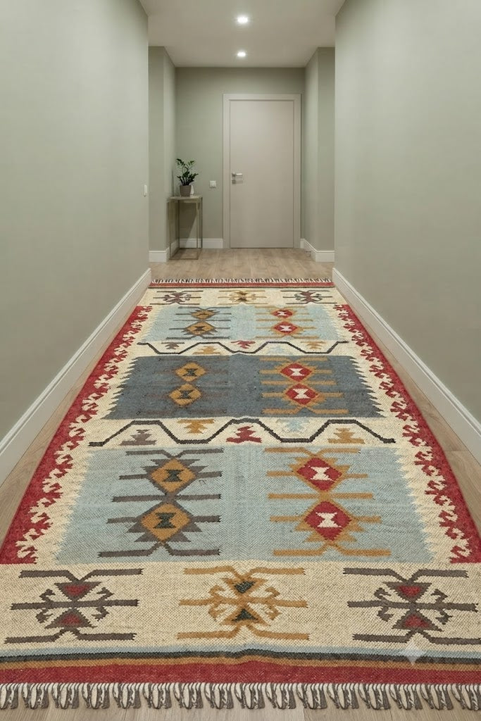 Handmade Kilim Wool Jute Rug - Durable Rustic Look Rectangle Area Carpet Orange Multicolor