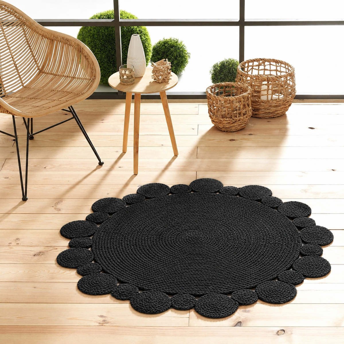 Round Shape Area Rug 100% Hand Braided Rustic Look Carpet for Home Decor Farmhouse Boho Scallop Rugs (Black)