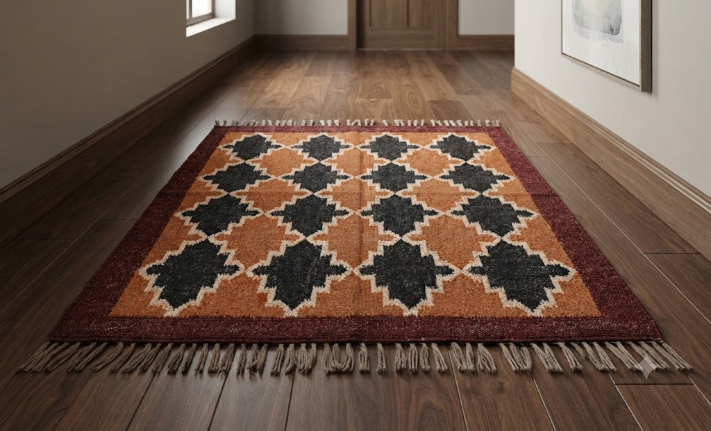 Rectangle Handmade Kilim Wool Jute Rug - Farmhouse Boho Area Carpet-Multicolor Durable Rustic Look Boho Mats