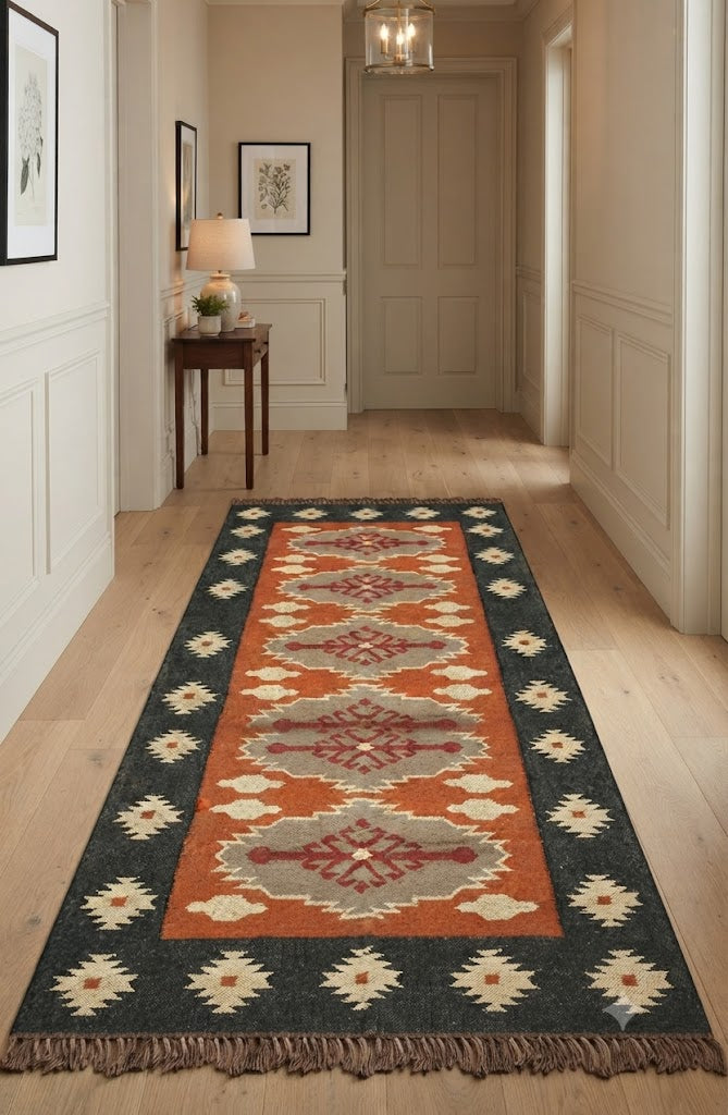 Vintage Handwoven Kilim Area Rug Jute Wool Runner Geometric Carpet Area Rug Farmhouse Indoor Outdoor Carpet