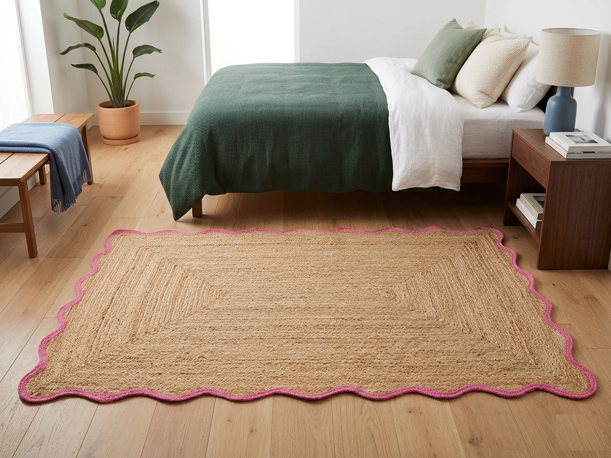 Natural Handwoven Jute Area Rug Scalloped Pink Border Farmhouse Boho Rug for Living Room, Bedroom & Entryway Rustic Indoor Floor Mat