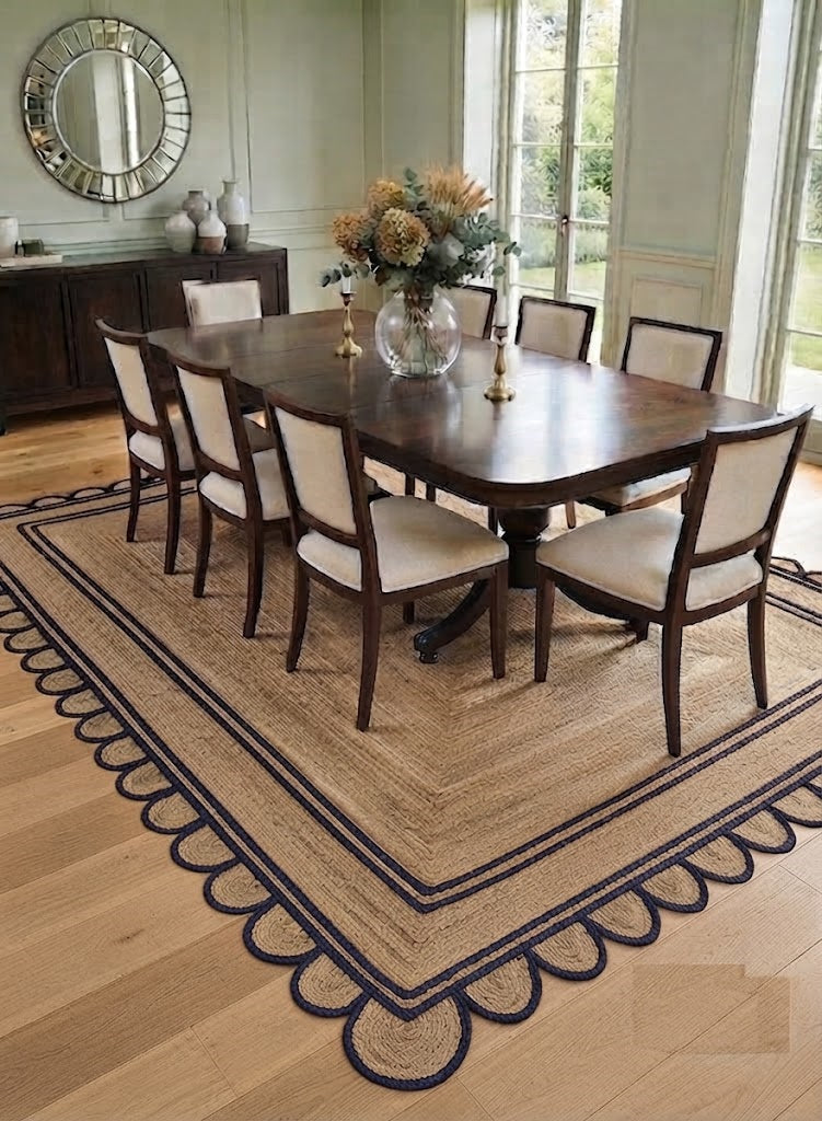 Handwoven Jute Area Rug Natural Farmhouse Boho Rug for Living Room, Bedroom & Entryway Rustic Indoor Floor Scallop Carpet (Blue Border)