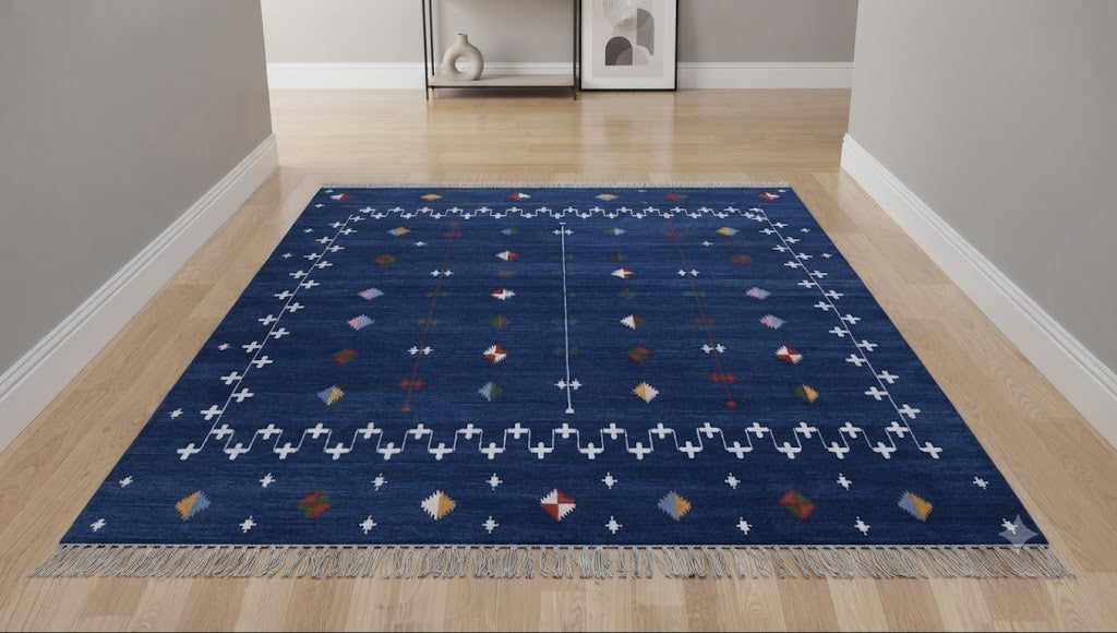 Handwoven Kilim Area Rug Wool & Jute Flatweave Indoor/Outdoor Rug for Living Room, Bedroom, Dining, High-Traffic Areas, Lake House Decor rug- Blue-Rectangle