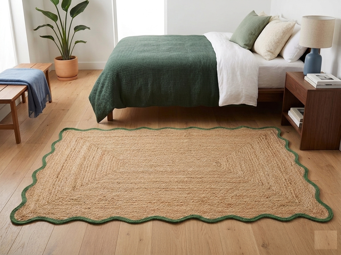 Avgari Creation Natural Handwoven Jute Area Rug Scalloped Green Border Farmhouse Boho Rug for Living Room, Bedroom & Entryway Rustic Indoor Floor Mat