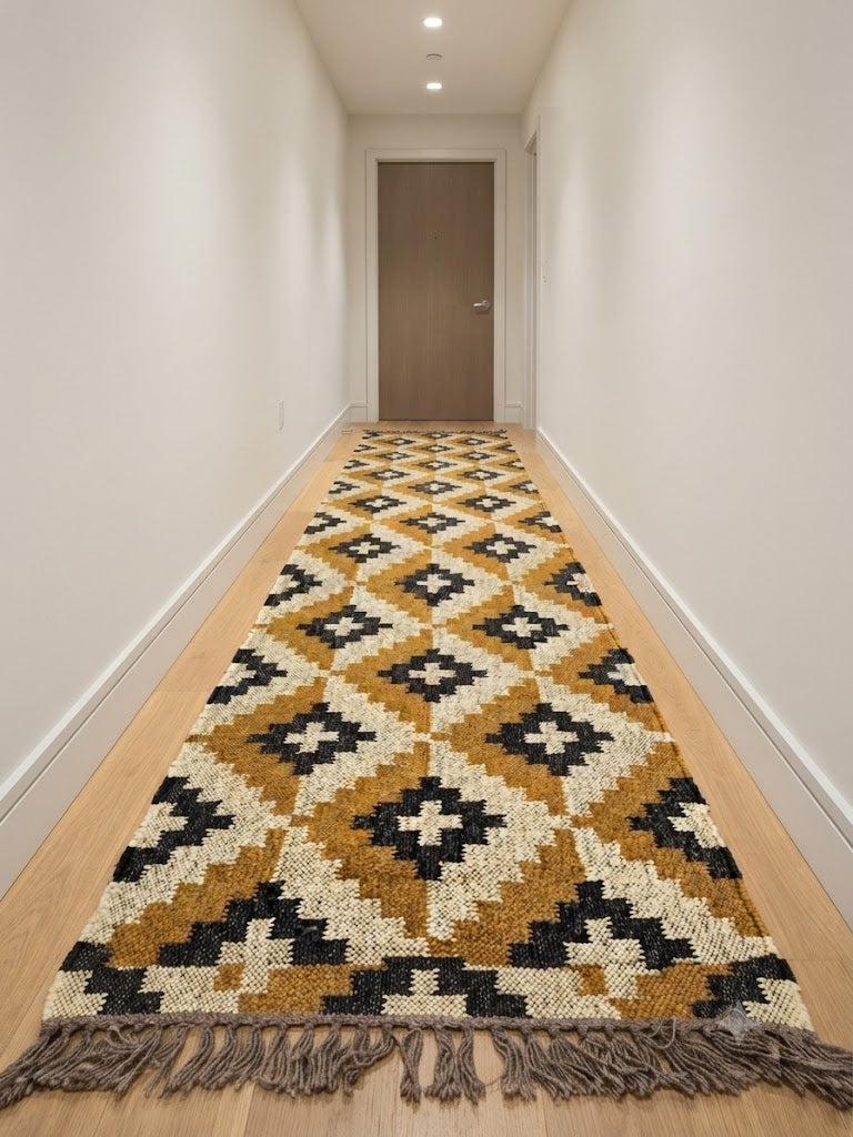 Rectangle Handmade Kilim Wool Jute Rug - Durable Rustic Look Farmhouse Area Carpet-Yellow