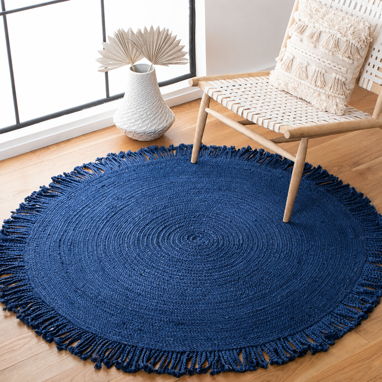 Round Shape Area Rug 100% Hand Braided Rustic Look Carpet for Home Decor Farmhouse Boho Rugs Mats With Fringes (Blue)