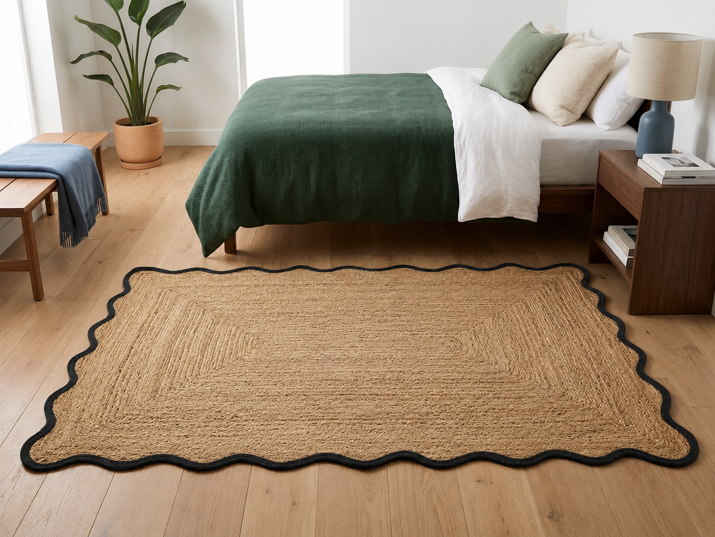 Natural Handwoven Jute Area Rug Scalloped Black Border Farmhouse Boho Rug for Living Room, Bedroom & Entryway Rustic Indoor Floor Mat