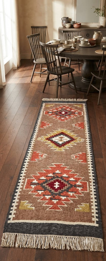 Rectangle Kilim Wool Jute Rug - Durable Handmade Rustic Look Farmhouse Boho Area Carpet-Multicolor