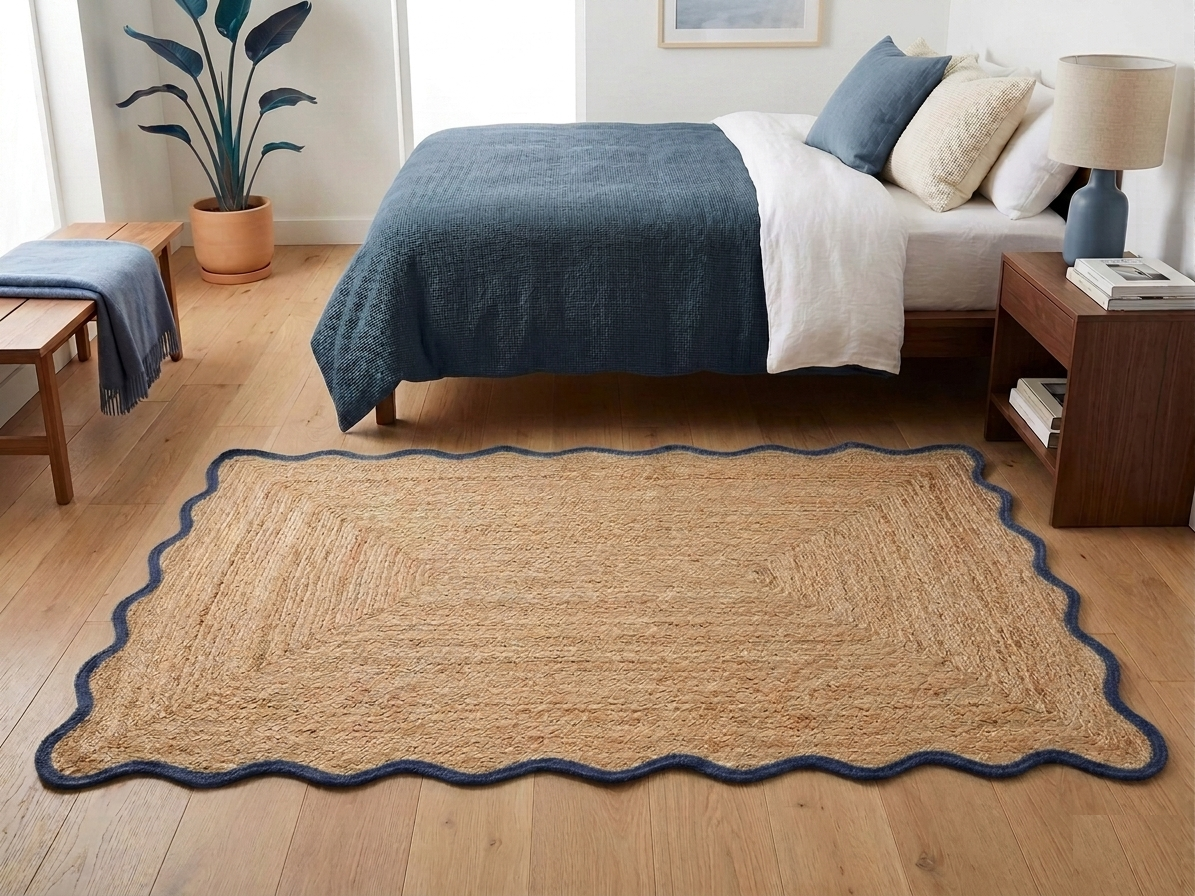 Natural Handwoven Jute Area Rug Scalloped Blue Border Farmhouse Boho Rug for Living Room, Bedroom & Entryway Rustic Indoor Floor Mat