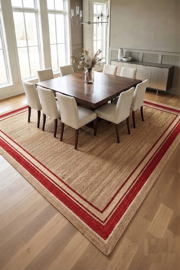 Natural Handwoven Jute Area Rug Natural Farmhouse Boho Rug for Living Room, Bedroom & Entryway Rustic Indoor Floor Mat-Red Border