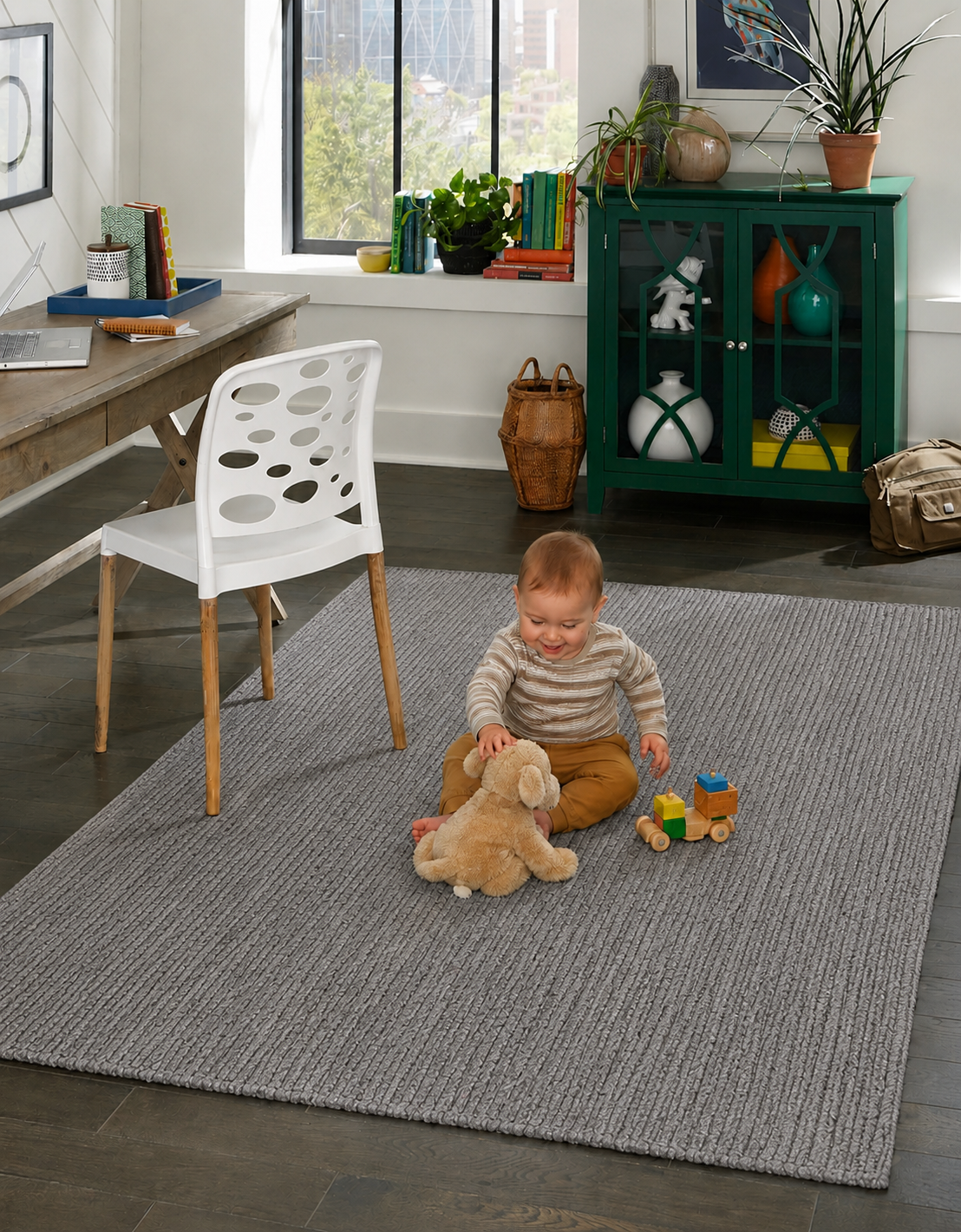 Natural Handwoven Jute Area Rug Grey Dye Farmhouse Boho Rug for Living Room, Bedroom & Entryway Rustic Indoor Floor Mat