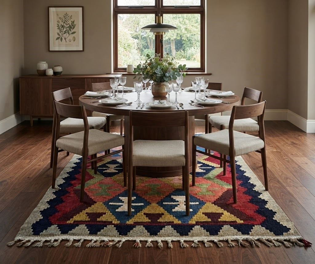 Kilim Wool Jute Rug - Durable Handmade Rustic Look Rectangle Farmhouse Boho Area Carpet-Multicolor