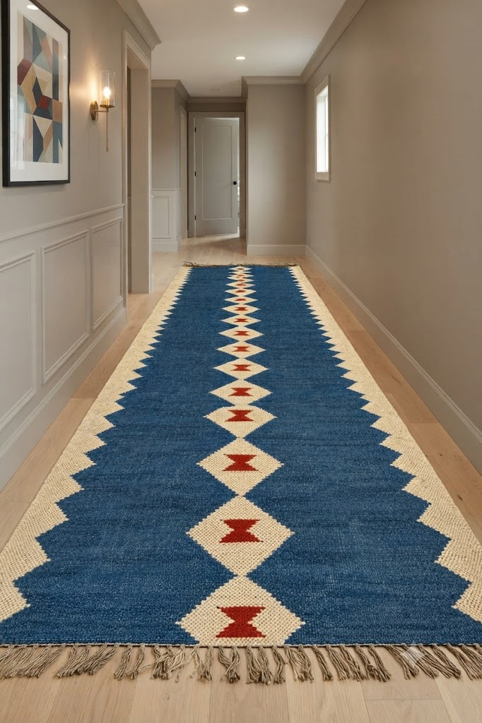 Rectangle Kilim Wool Jute Rug - Durable Handmade Rustic Look Farmhouse Boho Area Carpet-Blue & Beige