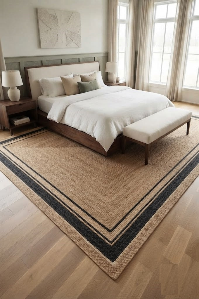 Natural Handwoven Jute Area Rug Natural Farmhouse Boho Rug for Living Room, Bedroom & Entryway Rustic Indoor Floor Mat-Black Border