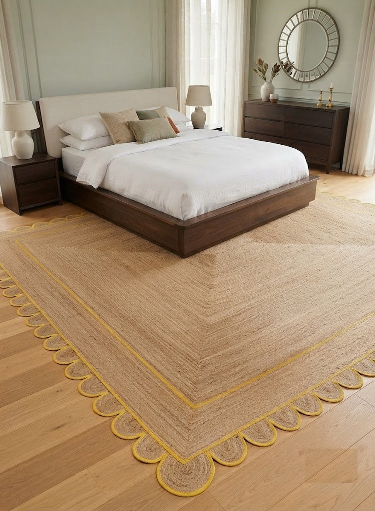 Handwoven Jute Area Rug Natural Farmhouse Boho Rug for Living Room, Bedroom & Entryway Rustic Indoor Floor Scallop Carpet (Yellow Border)
