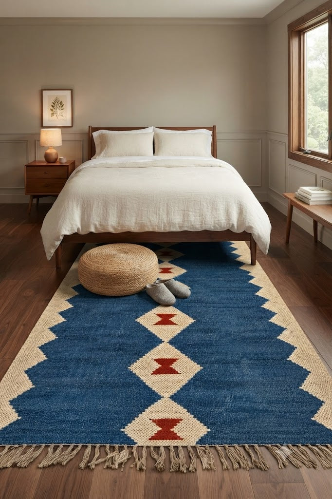 Rectangle Kilim Wool Jute Rug - Durable Handmade Rustic Look Farmhouse Boho Area Carpet-Blue & Beige