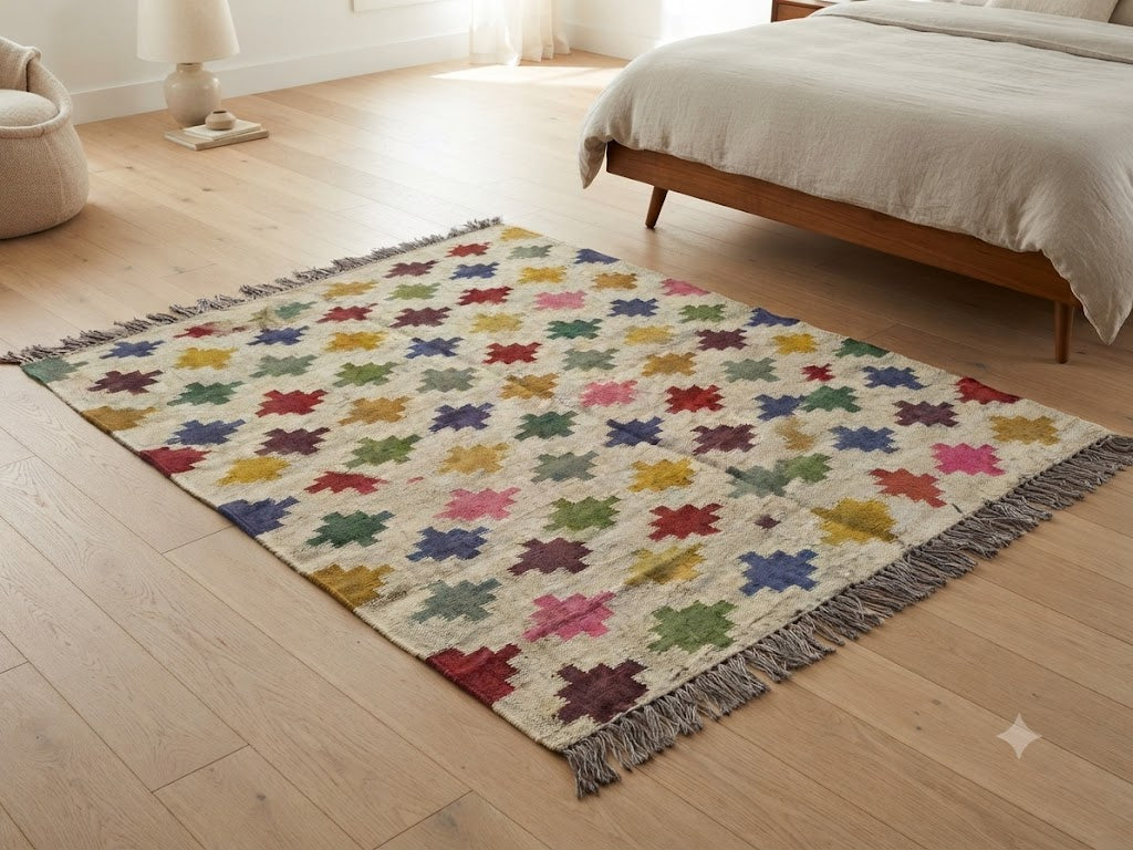 Rectangle Handmade Kilim Wool Jute Rug - Farmhouse Boho Area Carpet-Multicolor Durable Rustic Look Mats
