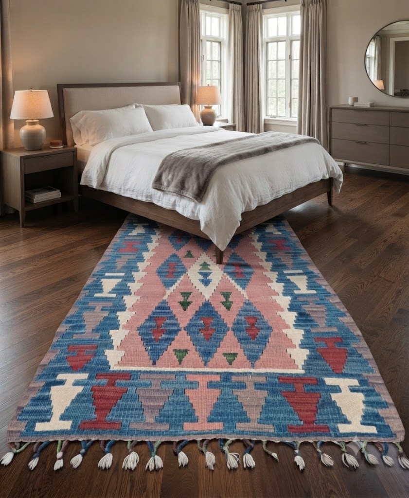 Kilim Wool Jute Rug - Handmade Durable Rustic Look Rectangle Area Carpet Carpets Multicolor