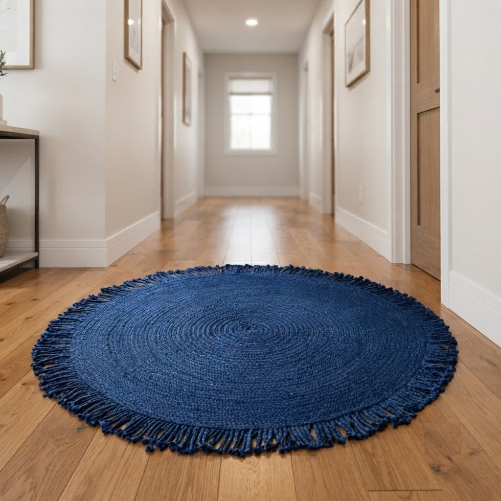Round Shape Area Rug 100% Hand Braided Rustic Look Carpet for Home Decor Farmhouse Boho Rugs Mats With Fringes (Blue)