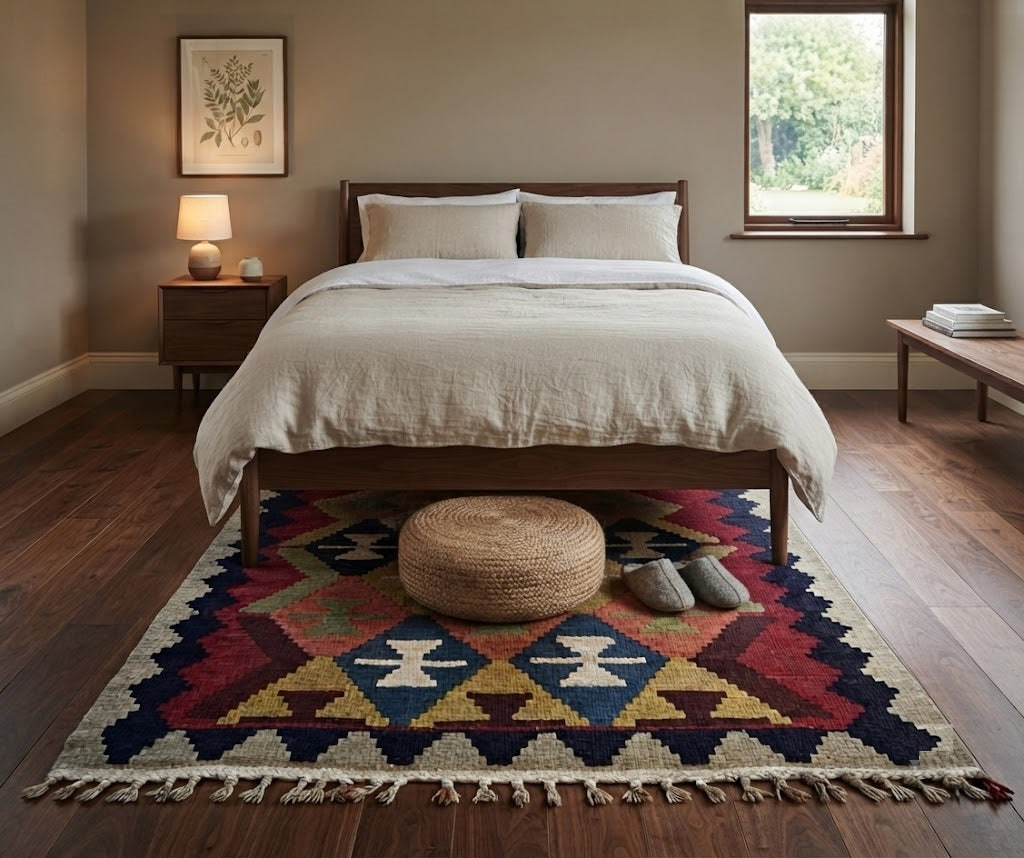 Kilim Wool Jute Rug - Durable Handmade Rustic Look Rectangle Farmhouse Boho Area Carpet-Multicolor