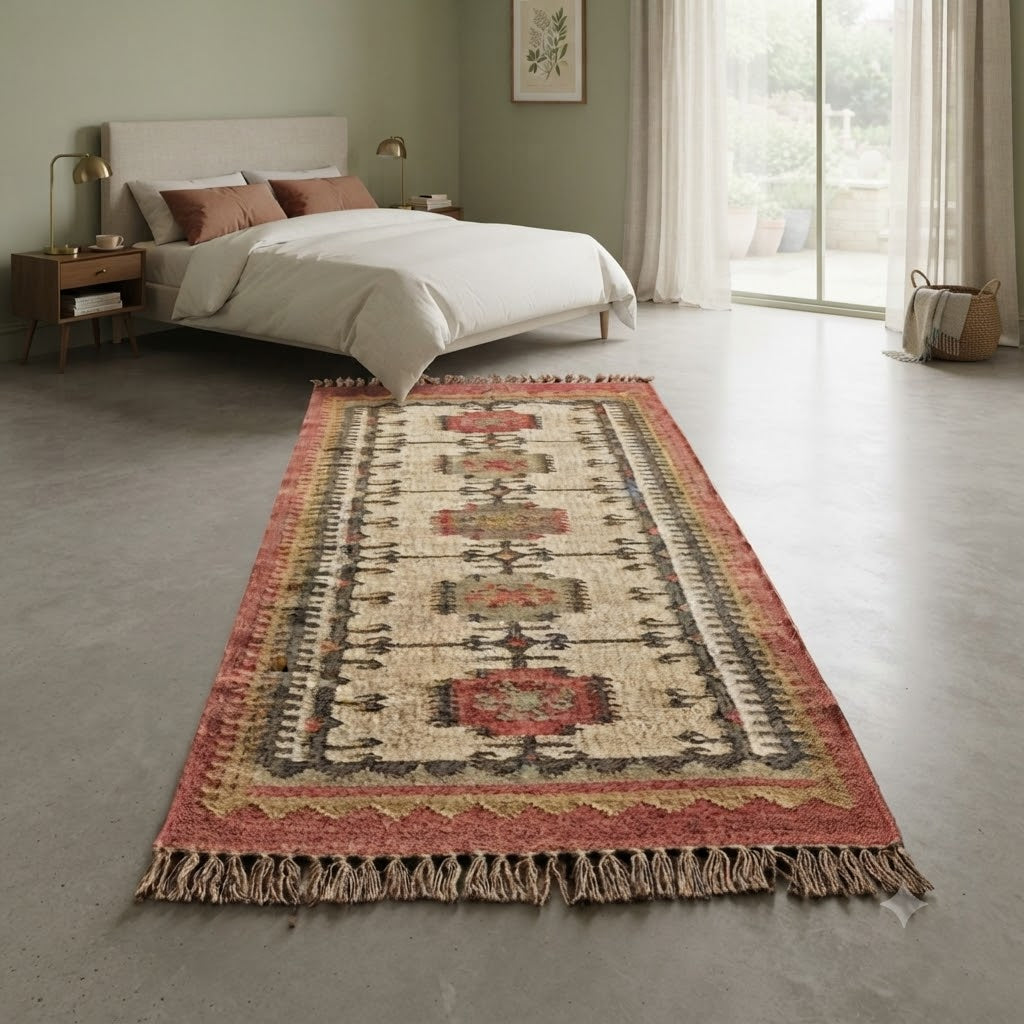 Rectangle Kilim Wool Jute Rug - Durable Handmade Rustic Look Farmhouse Boho Area Carpet-MultiColor