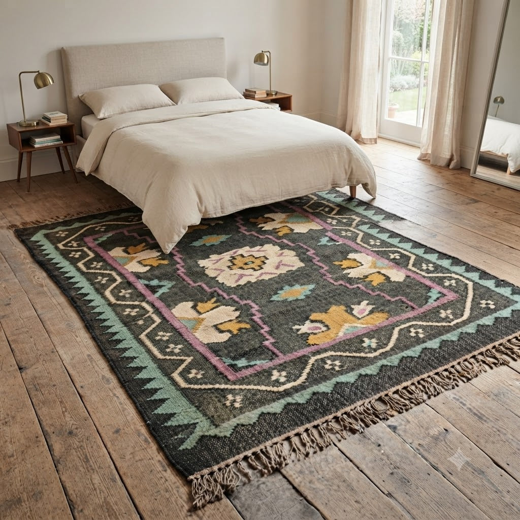 Rectangle Kilim Wool Jute Rug - Durable Handmade Rustic Look Farmhouse Boho Area Carpet-Black