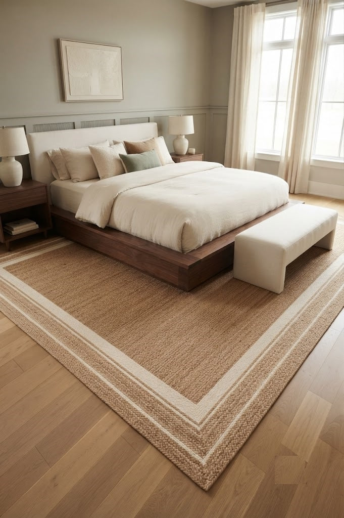 Natural Handwoven Jute Area Rug Natural Farmhouse Boho Rug for Living Room, Bedroom & Entryway Rustic Indoor Floor Mat-White Border