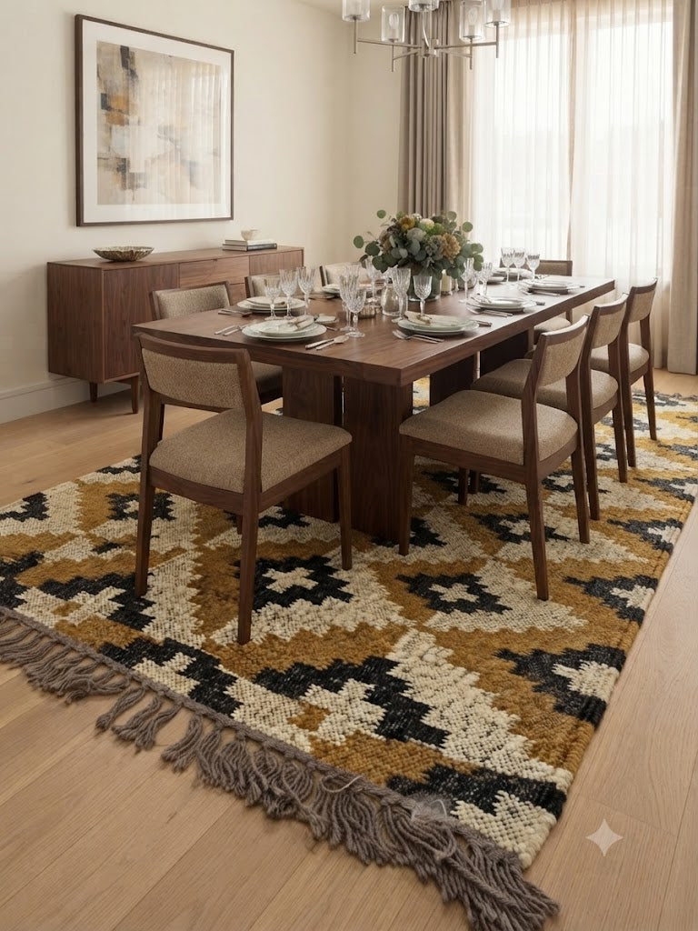 Bohemian Flatweave Wool Jute Kilim Rug Handwoven – Area Rug, Durable Natural Fiber Carpet for Living Room, Bedroom & Home Décor
