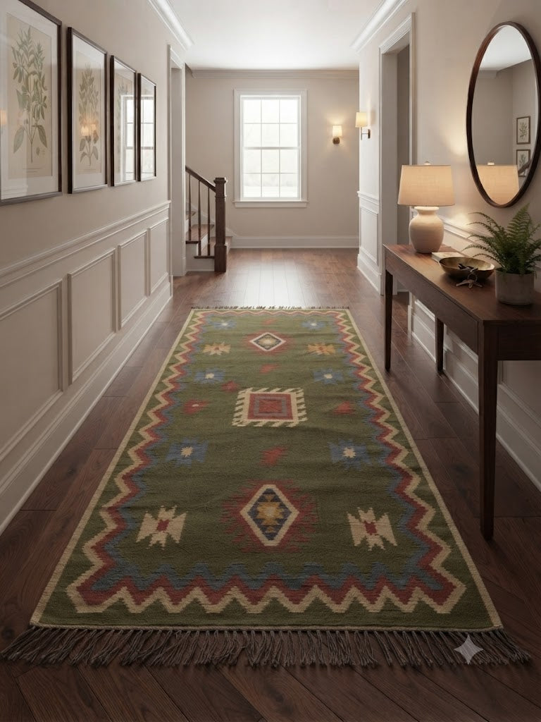 Handmade Carpet Rectangle Elegant Wool Jute Rug -Rustic Look Hand Woven Kilim Rug for Living Room, Hallway, Bedroom - Green