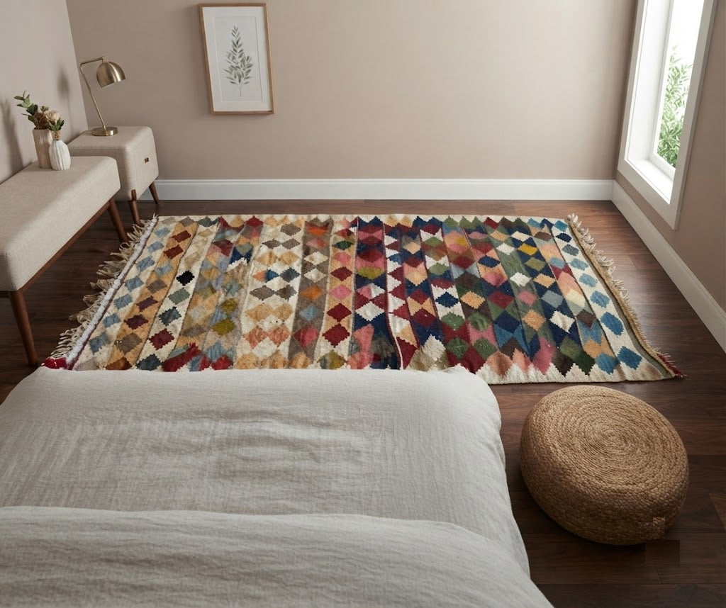 Kilim Wool Jute Rug - Durable Handmade Rustic Look Rectangle Farmhouse Boho Area Carpet