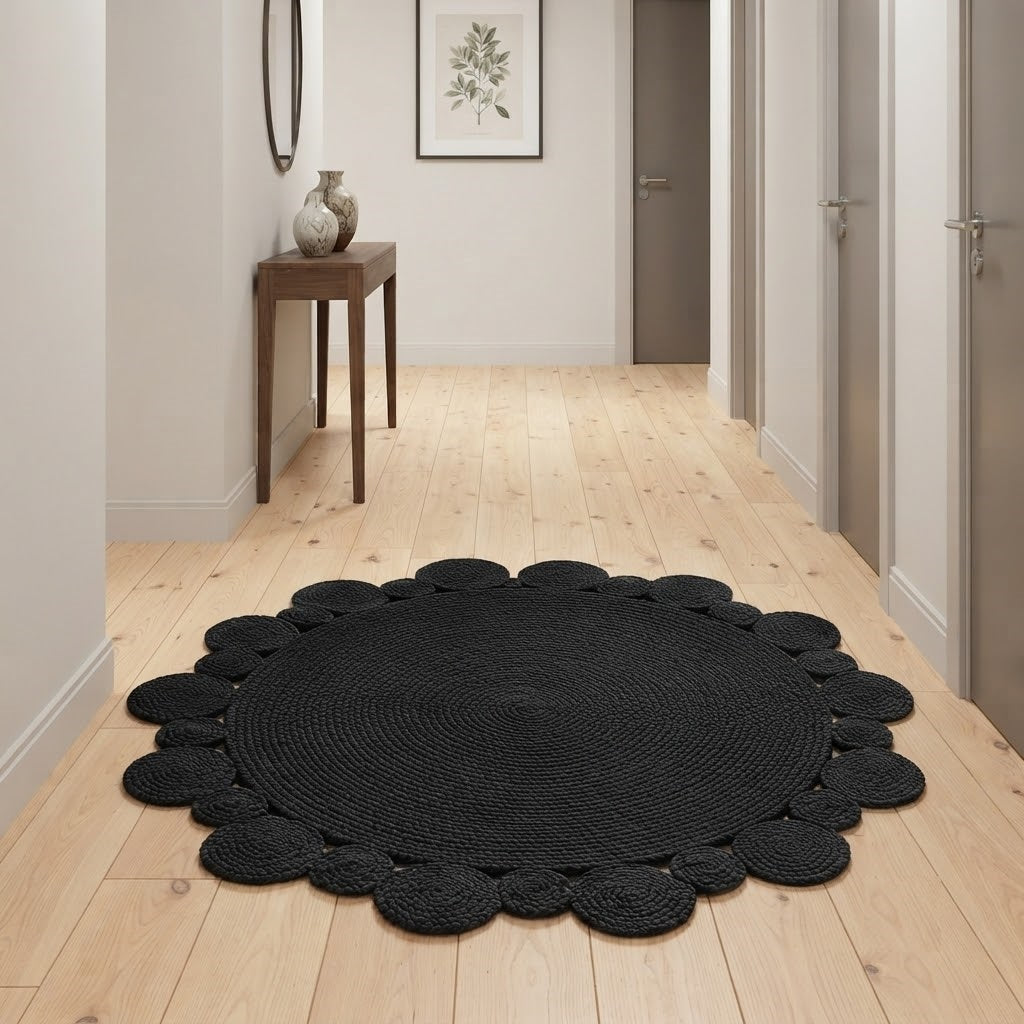 Round Shape Area Rug 100% Hand Braided Rustic Look Carpet for Home Decor Farmhouse Boho Scallop Rugs (Black)