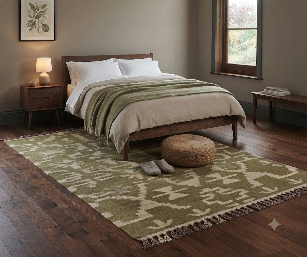 Rectangle Kilim Wool Jute Rug - Durable Handmade Rustic Look Farmhouse Boho Area Carpet-Green & Beige