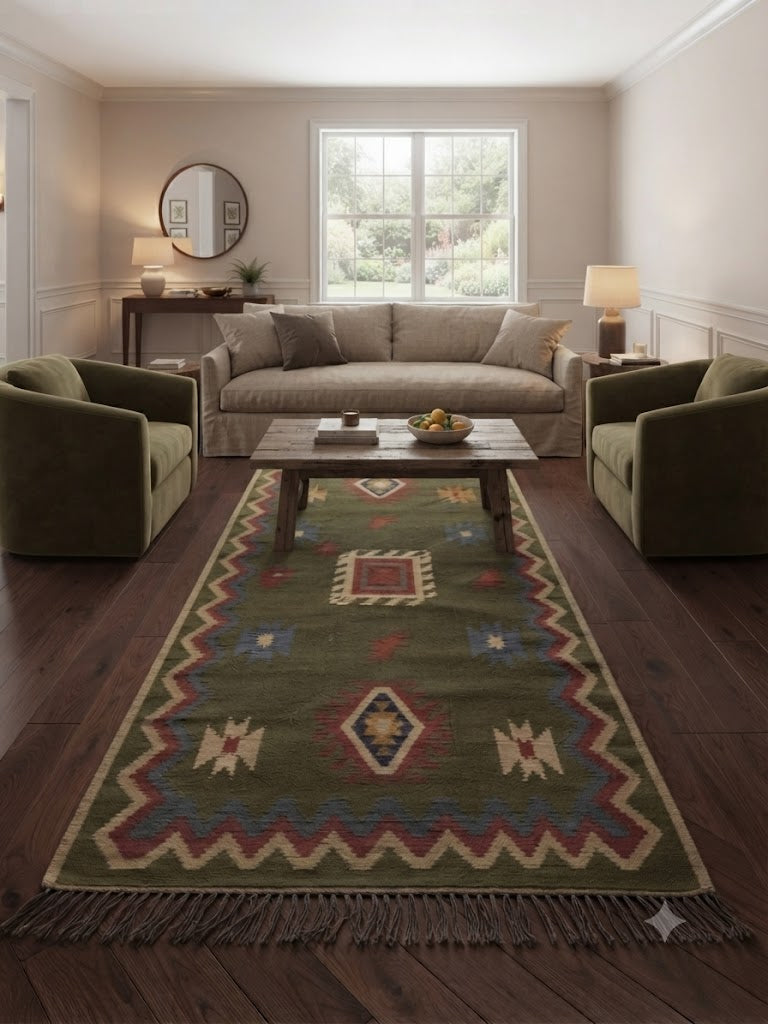 Handmade Carpet Rectangle Elegant Wool Jute Rug -Rustic Look Hand Woven Kilim Rug for Living Room, Hallway, Bedroom - Green