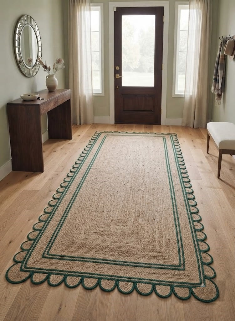Handwoven Jute Area Rug Natural Farmhouse Boho Rug for Living Room, Bedroom & Entryway Rustic Indoor Floor Scallop Carpet (Green Border)