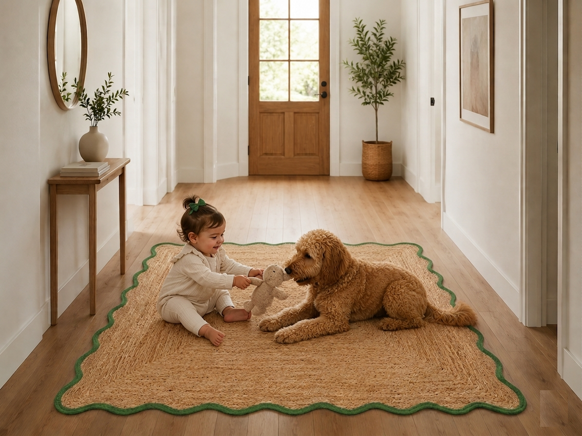 Avgari Creation Natural Handwoven Jute Area Rug Scalloped Green Border Farmhouse Boho Rug for Living Room, Bedroom & Entryway Rustic Indoor Floor Mat