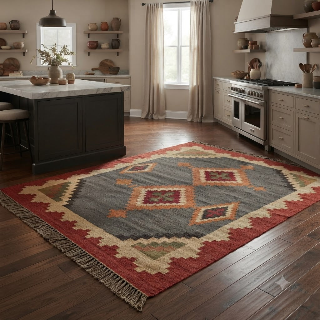 Handmade Rectangle Carpet Elegant Wool Jute Rug -Rustic Look Hand Woven Kilim Rug for Living Room, Hallway, Bedroom -Multicolor