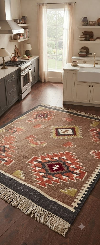 Rectangle Kilim Wool Jute Rug - Durable Handmade Rustic Look Farmhouse Boho Area Carpet-Multicolor