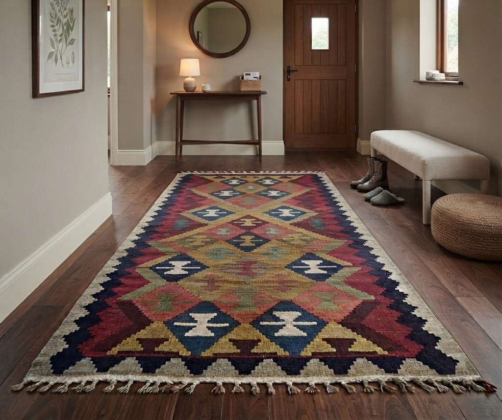 Kilim Wool Jute Rug - Durable Handmade Rustic Look Rectangle Farmhouse Boho Area Carpet-Multicolor