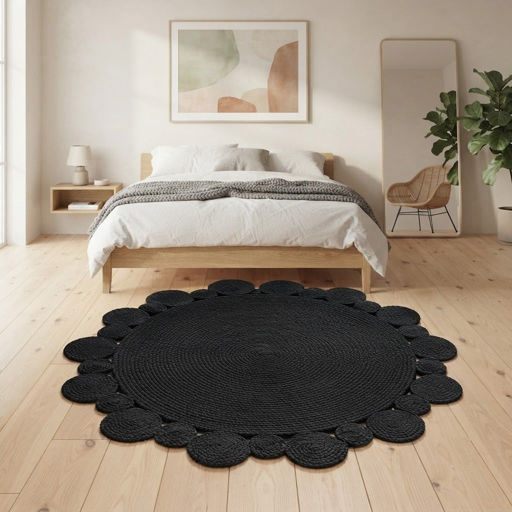 Round Shape Area Rug 100% Hand Braided Rustic Look Carpet for Home Decor Farmhouse Boho Scallop Rugs (Black)
