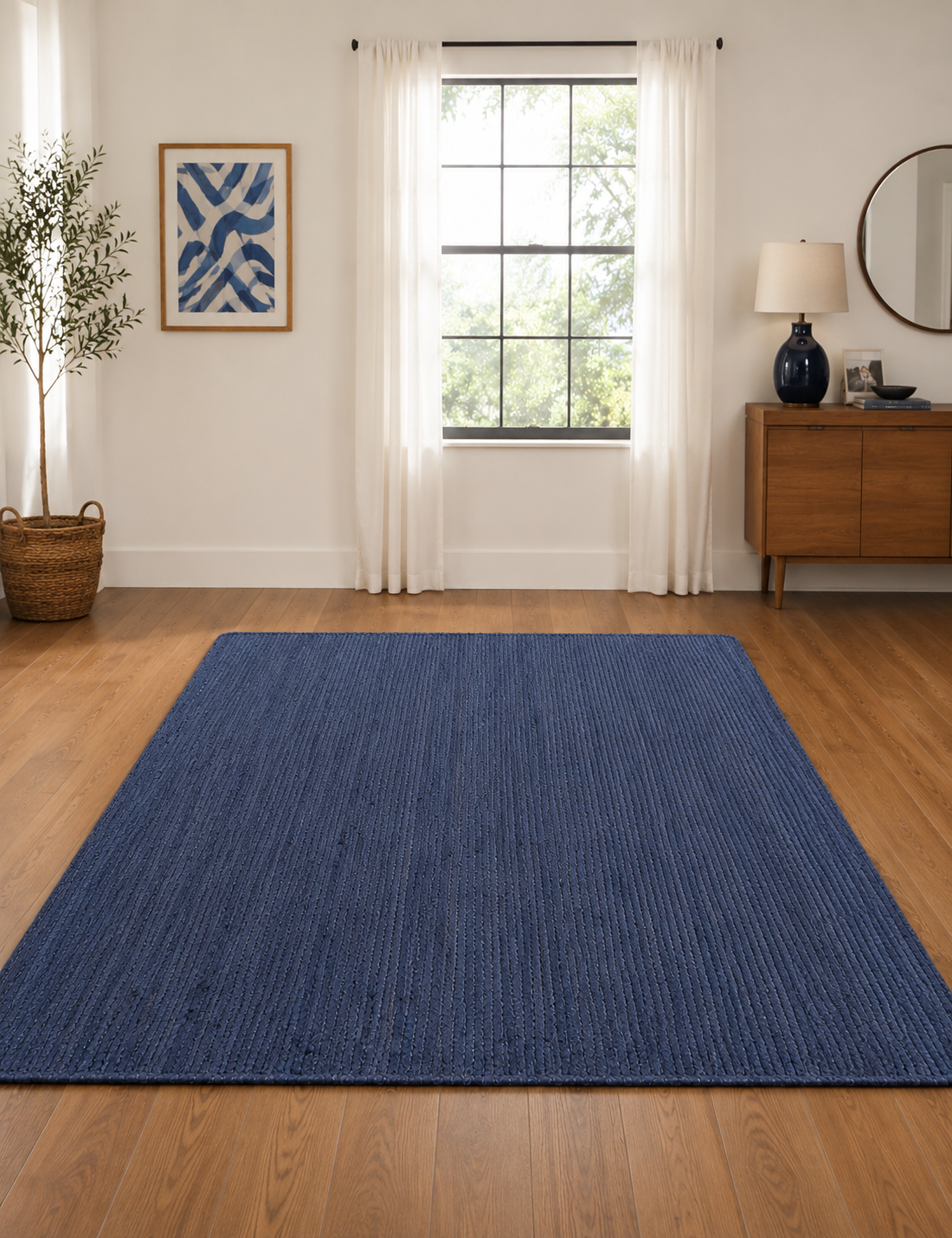 Natural Handwoven Jute Area Rug Blue Dye Farmhouse Boho Rug for Living Room, Bedroom & Entryway Rustic Indoor Floor Mat
