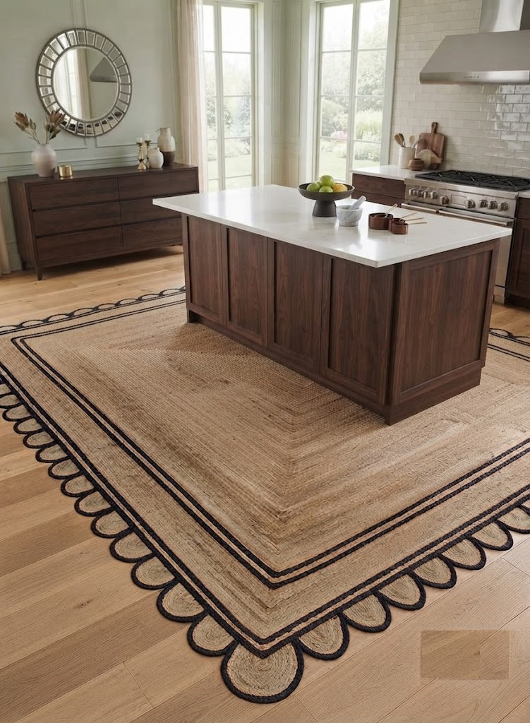 Handwoven Jute Area Rug Natural Farmhouse Boho Rug for Living Room, Bedroom & Entryway Rustic Indoor Floor Scallop Carpet (Black Border)