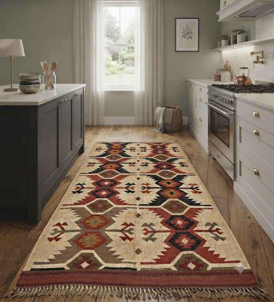 Rectangle Kilim Wool Jute Rug - Durable Handmade Rustic Look Farmhouse Boho Area Carpet-Beige & Brown