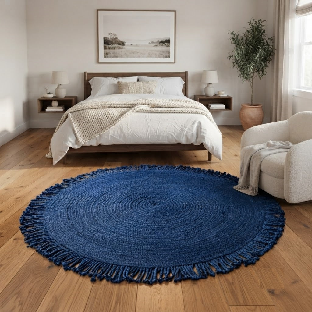 Round Shape Area Rug 100% Hand Braided Rustic Look Carpet for Home Decor Farmhouse Boho Rugs Mats With Fringes (Blue)