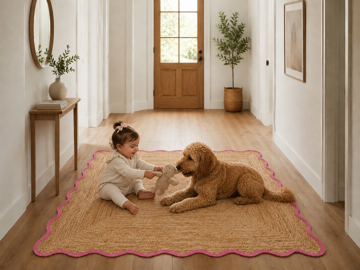 Natural Handwoven Jute Area Rug Scalloped Pink Border Farmhouse Boho Rug for Living Room, Bedroom & Entryway Rustic Indoor Floor Mat