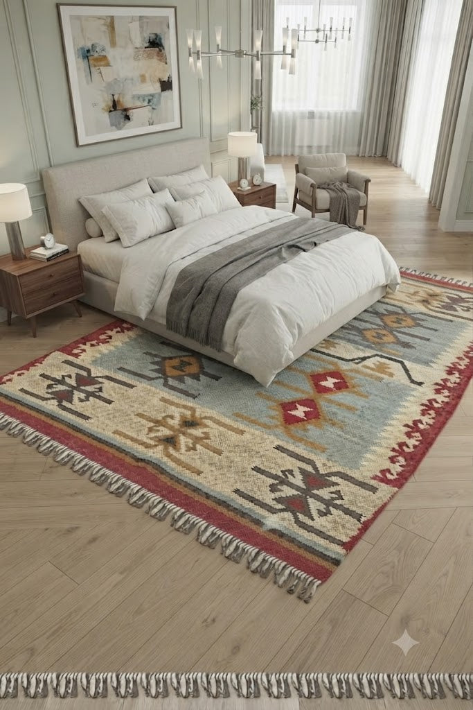 Handmade Kilim Wool Jute Rug - Durable Rustic Look Rectangle Area Carpet Orange Multicolor